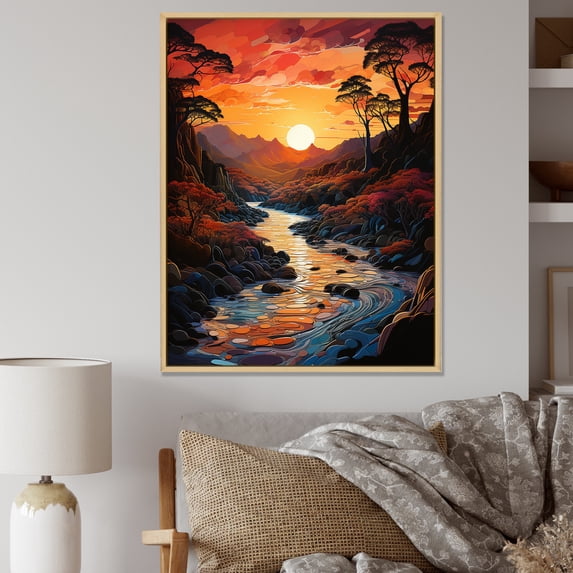 Designart "Enchanted River Sunrises II" Landscape Lake River Floater Framed Canvas Prints