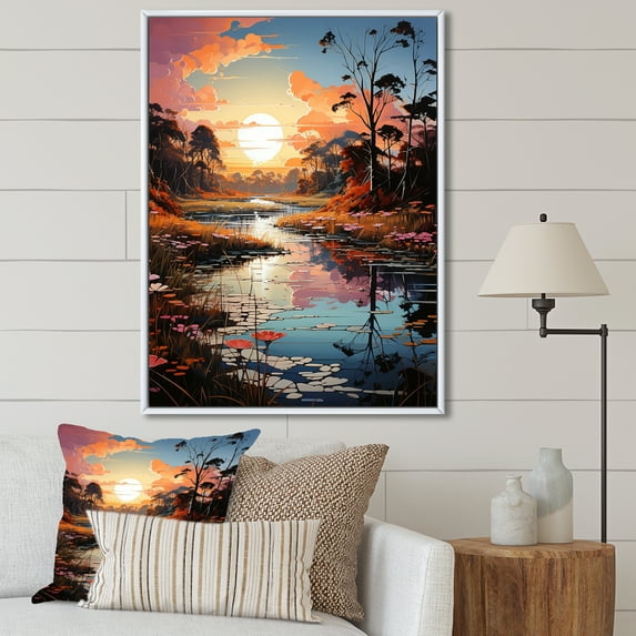 Designart "Enchanted River Sunrises" Landscape Lake River Floater Framed Wall Art Living Room