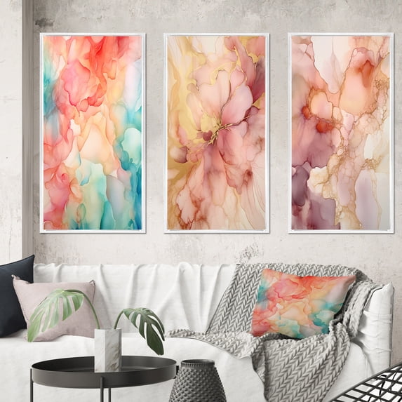 Designart "Enchanted Spills Orange Teal Elegance" Abstract Framed Wall Art Set Of 3 - Orange Abstract Frame Gallery Wall Set For Home Decor