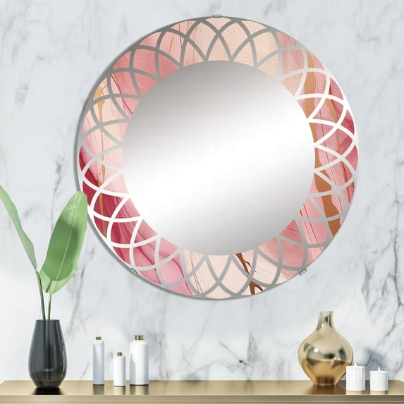 Designart "Enchanted Spills in Pink and Gold II" Abstract Round Wall Mirror - Modern Oval Printed Decorative Oversized Mirror - Multiple Color Options