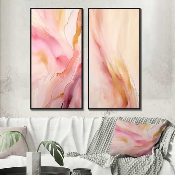 Designart "Enchanted Spills in Pink and Gold VI" Abstract Framed Wall Art Set Of 2 - Pink Abstract Framed Canvas Set For Living Room Decor