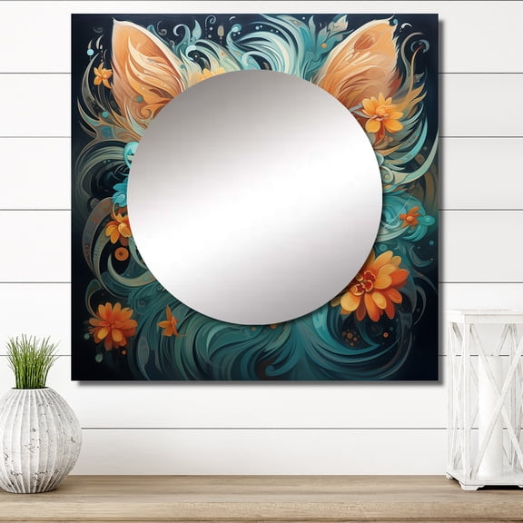 Designart "Enchanting Amber And Blue Feline With Blossoms I" Animals Cat Blue Large Square Mirror - Square Bedroom Mirror Printed Wall Decor - Children's Art Square Printed Wall Mirror Art