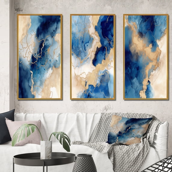 Designart "Enchanting Blue and Gold Marble Clouds V III" Fractals Framed Wall Art Set Of 3 - Blue Fractals Frame Canvas Set For Living Room Decor