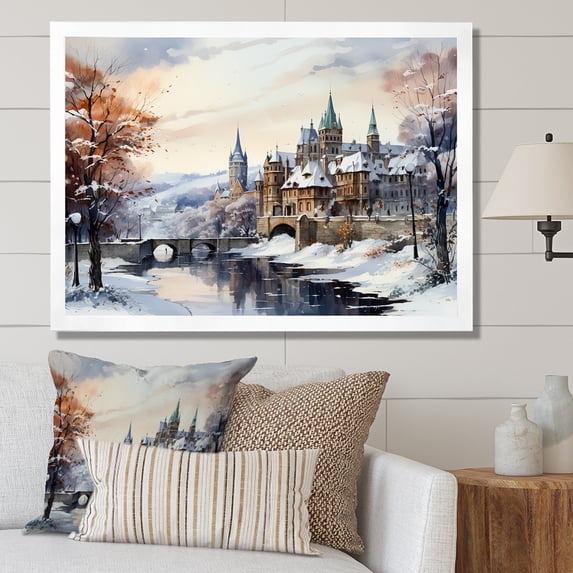 Designart "Enchanting Christmas Village in Winter I" Landscapes Framed Wall Art Decor - Traditional White Winter Landscape Bedroom Framed Canvas Wall Art