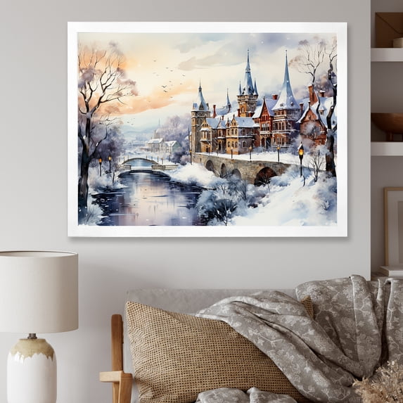 Designart "Enchanting Christmas Village in Winter II" Landscapes Framed Wall Art Decor - Traditional White Winter Landscape Hallway Framed Wall Art Decor