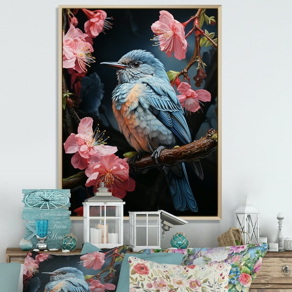 Designart "Enchanting Hummingbird Blue and Pink in the Pastoral" Animals Floater Framed Wall Art Living Room