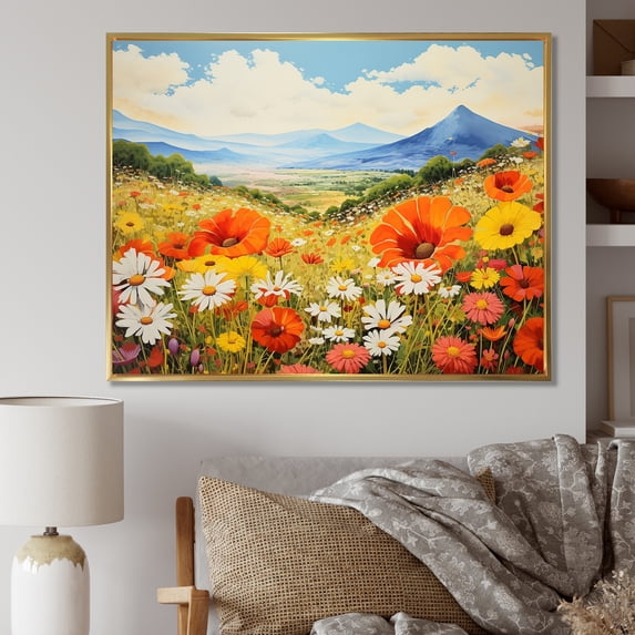 Designart "Enchanting Mountain Wildflowers I" Wildflowers Floater Framed Wall Art Living Room