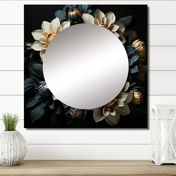 Designart "Enchanting Noir Mums" Mums Square Mirror Wall Decor Traditional - Large Blue Square Bathroom Mirror - Square Printed Wall Mirror Art