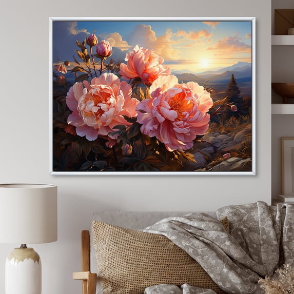 Designart "Enchanting Sunset Peonies I" Peonies Floater Framed Wall Decor
