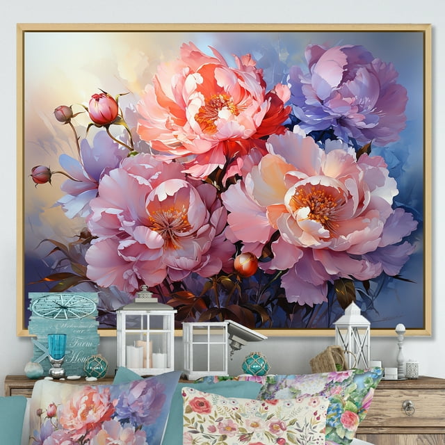 Designart "Enchanting Sunset Peonies" Peonies Floater Framed Canvas Prints