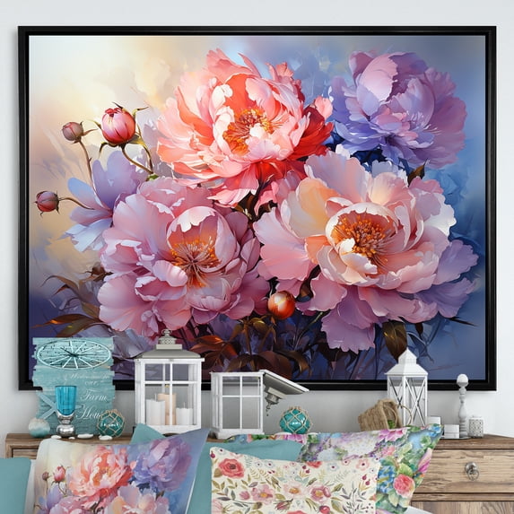 Designart "Enchanting Sunset Peonies" Peonies Floater Framed Canvas Prints
