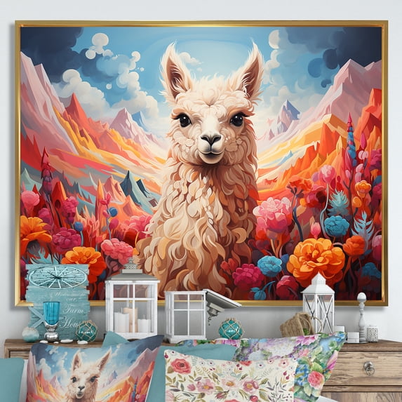 Designart "Enchanting Valley of Alpacas" Animals Framed Wall Art - Traditional Pink Alpaca Living Room Framed Canvas Art