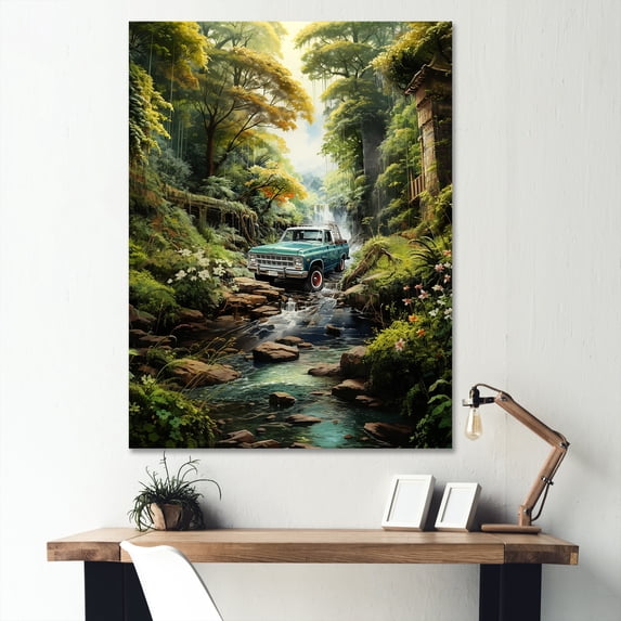 Designart "Enchanting Waterfall Green Pickup Truck Escape IV" Pickup Truck Canvas Print