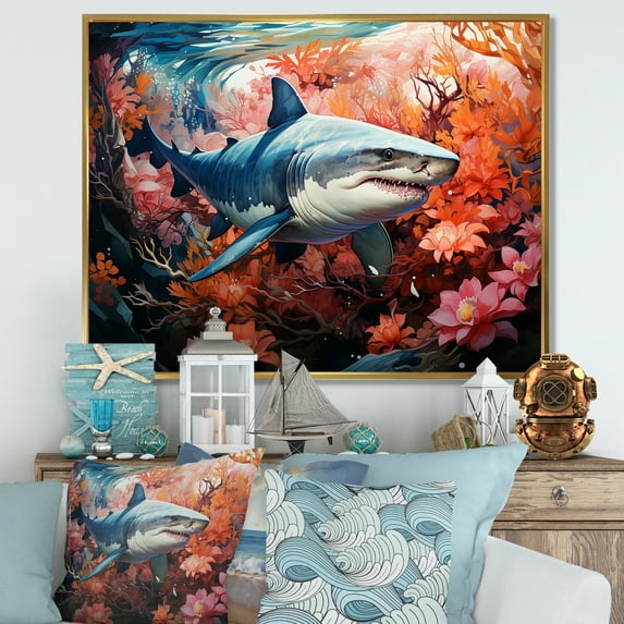 Designart "Encountering Lemon Sharks: Underwater Landscape" Coastal Coral Under Water Floater Framed Wall Art Living Room
