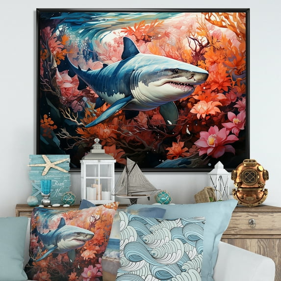 Designart "Encountering Lemon Sharks: Underwater Landscape" Coastal Coral Under Water Floater Framed Wall Art Living Room