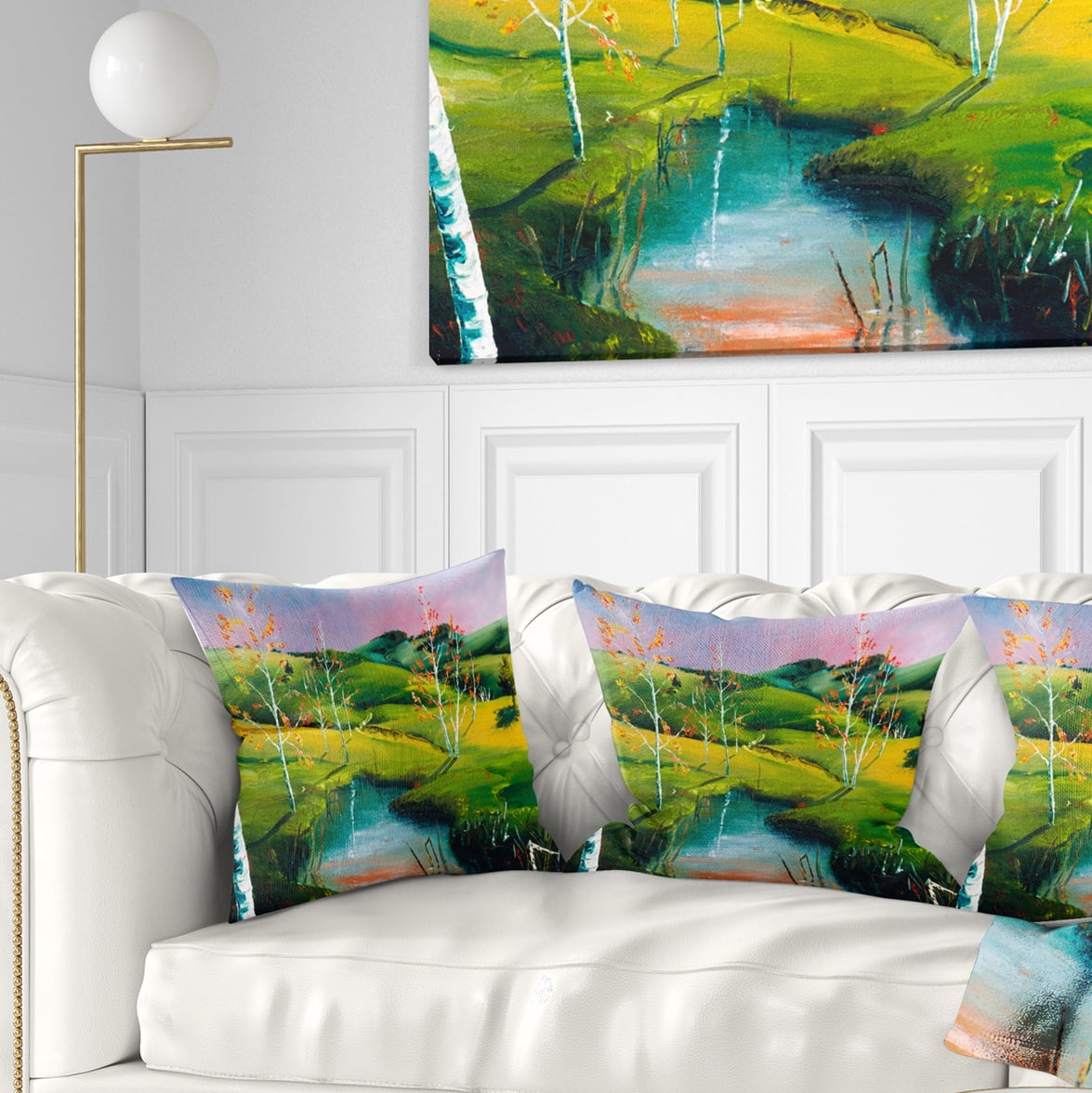 Designart Endless Green Pastures - Landscape Painting Throw Pillow - 16x16