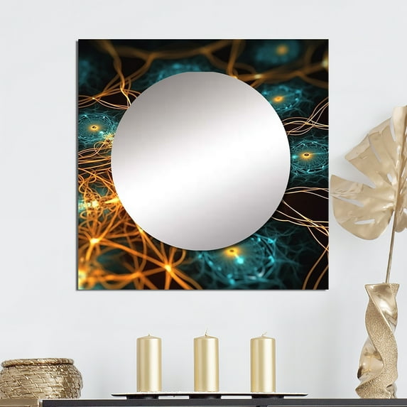 Designart "Endless Grid In Vintage Turquoise And Gold" Fractals Square Mirror Wall Decor Transitional - Large Blue Square Bathroom Mirror - Square Printed Wall Mirror Art