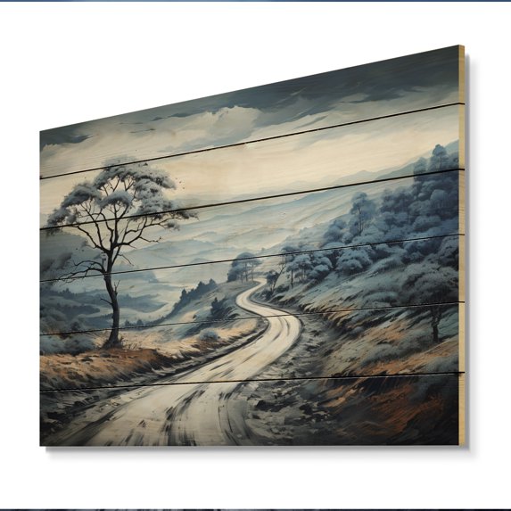 Designart "Endless Journey Meandering Blue Road II" Landscapes Print on Natural Pine Wood