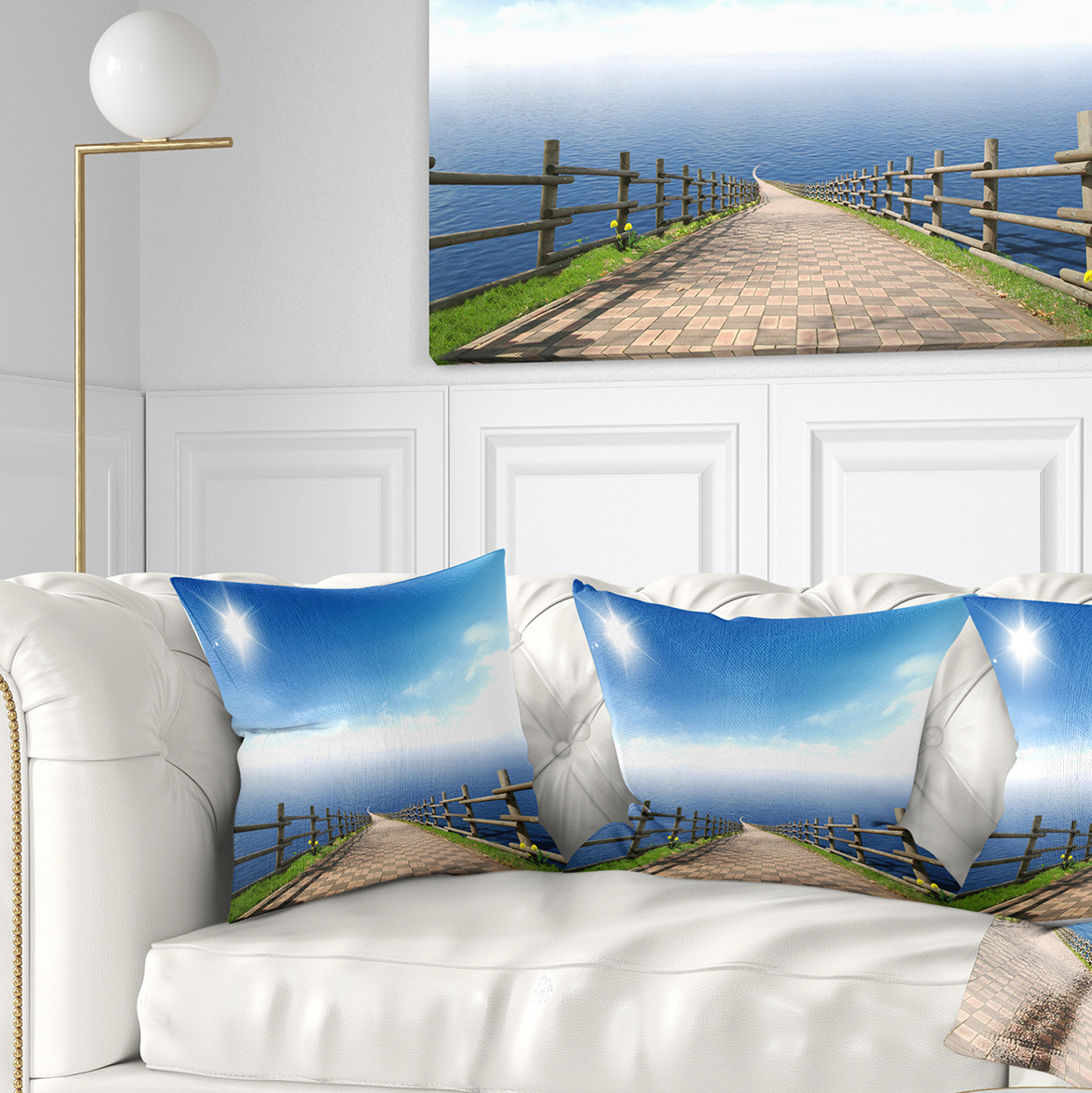 Designart Endless Pier into Blue Sea - Seascape Photography Throw Pillow - 16x16