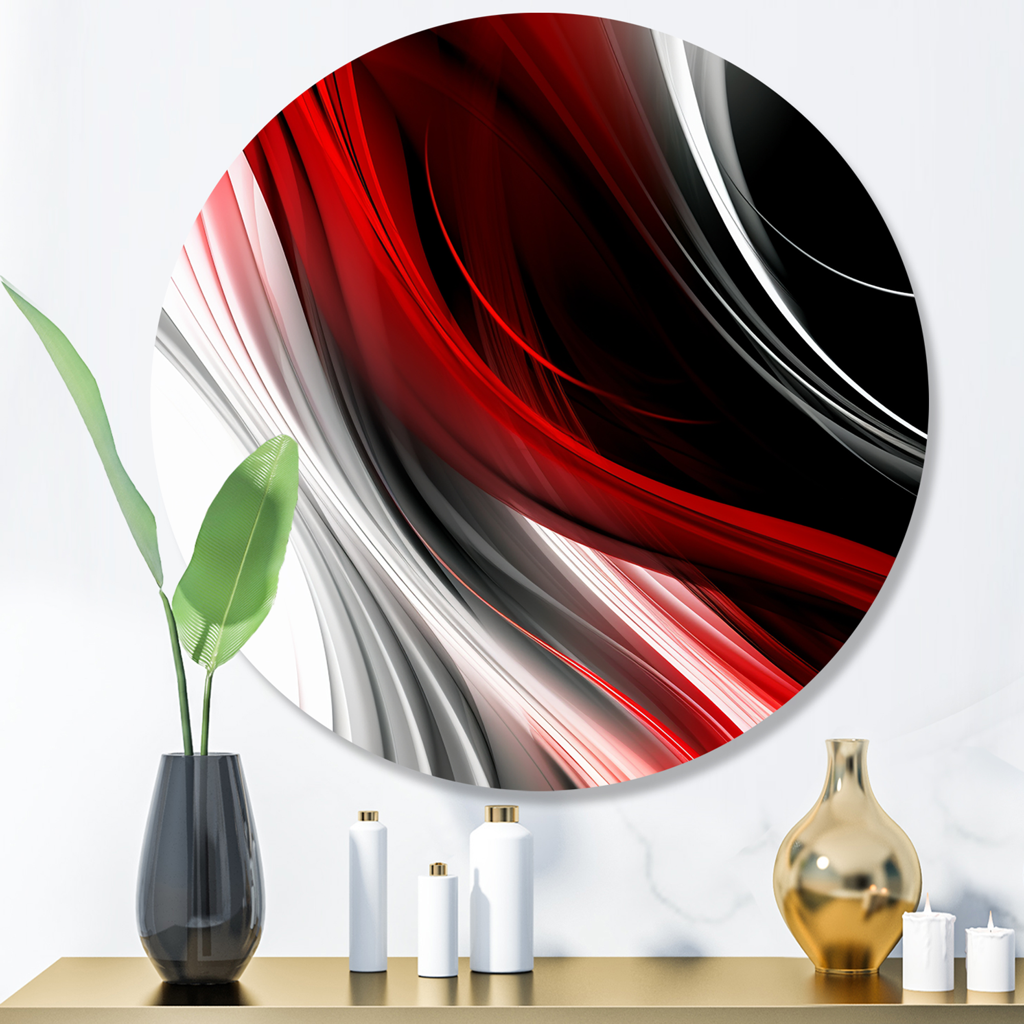 Designart "Endless Ripples Red and Black I" Modern Waves Metal Round Wall Decor