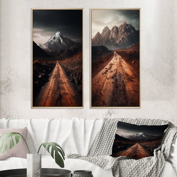 Designart "Endless Roads Through Misty Snowy Mountains V" Meadow Framed Wall Art Set Of 2 - Traditional Brown Framed Canvas Set For Living Room Decor