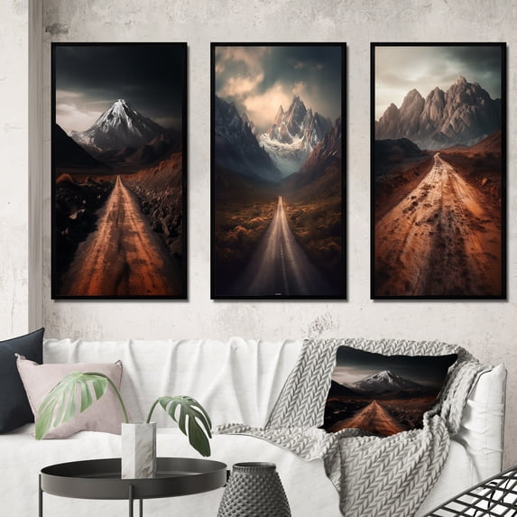Designart "Endless Roads Through Misty Snowy Mountains V" Meadow Framed Wall Art Set Of 3 - Brown Traditional Frame Gallery Wall Set For Home Decor