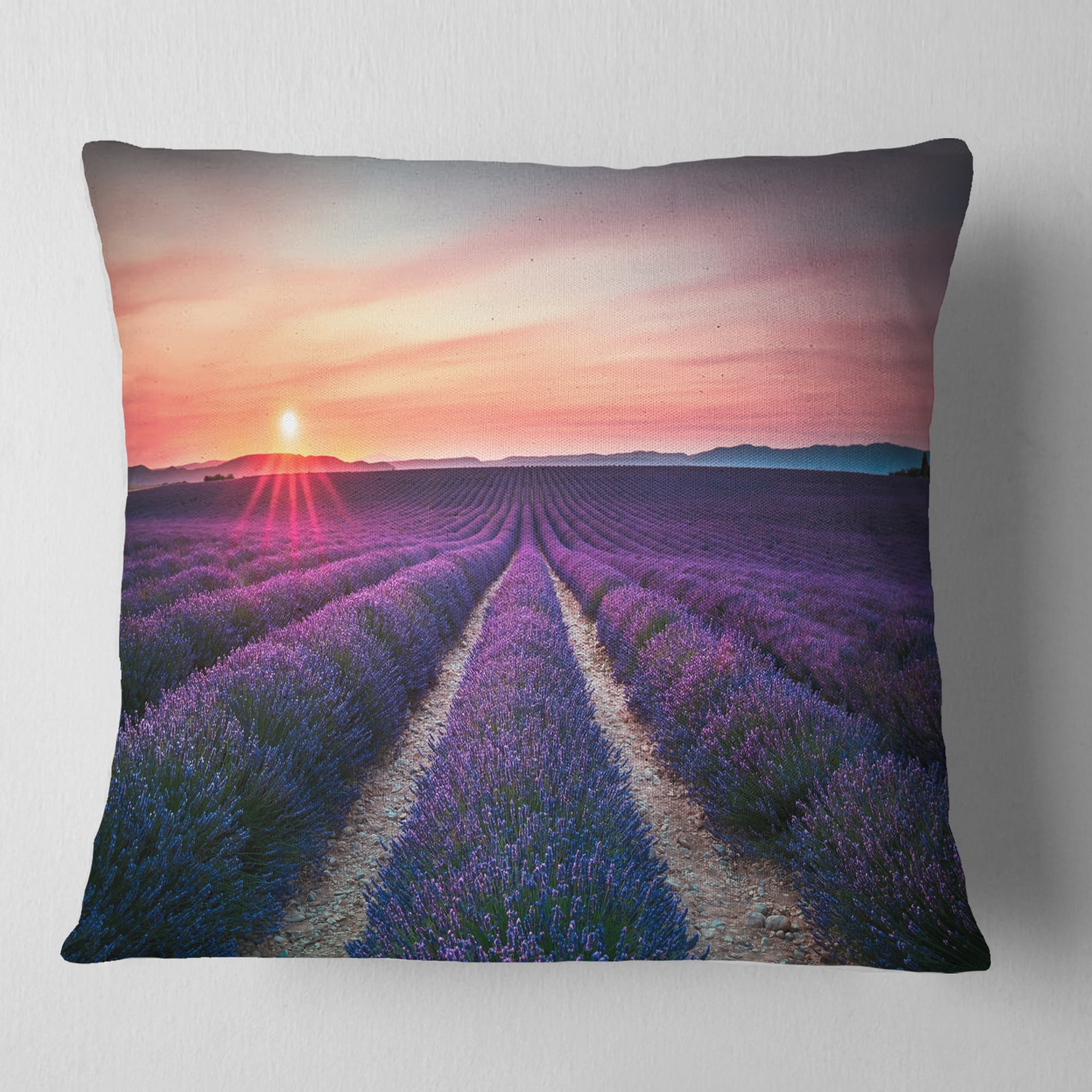 Designart Endless Rows of Lavender Flowers - Modern Landscape Printed Throw Pillow - 18x18