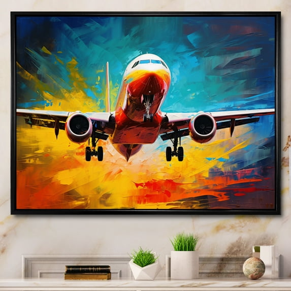 Designart "Energetic Departure Plane Taking Off" Transportation Floater Framed Wall Art Living Room
