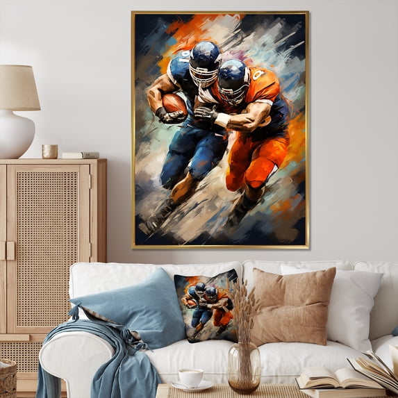 Designart "Energetic Tackles Orange Football wall decor" Sports Floater Framed Canvas Print