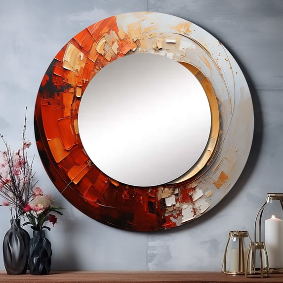 Designart "Energetic VORTEXscape I" Abstract Spirals Round Mirror Wall Decor Modern - Large Orange Round Bathroom Mirror - Round Mirror - 23" x 23"