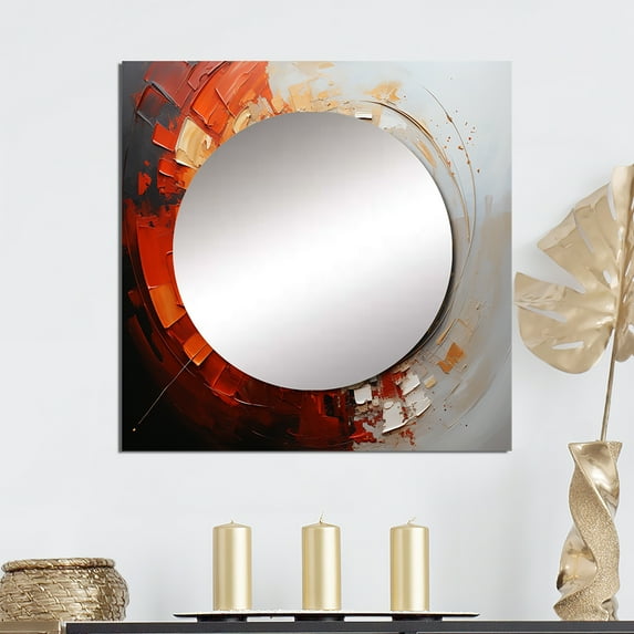 Designart "Energetic VORTEXscape I" Abstract Spirals Square Mirror For Wall Decor - Large Orange Square Printed Wall Mirror Art - Square Transitional Mirror - Wall Mounted Square Large Mirror