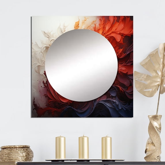 Designart "Energetic VORTEXscape II" Abstract Spirals Square Mirror Wall Decor Transitional - Large Orange Square Bathroom Mirror - Square Printed Wall Mirror Art