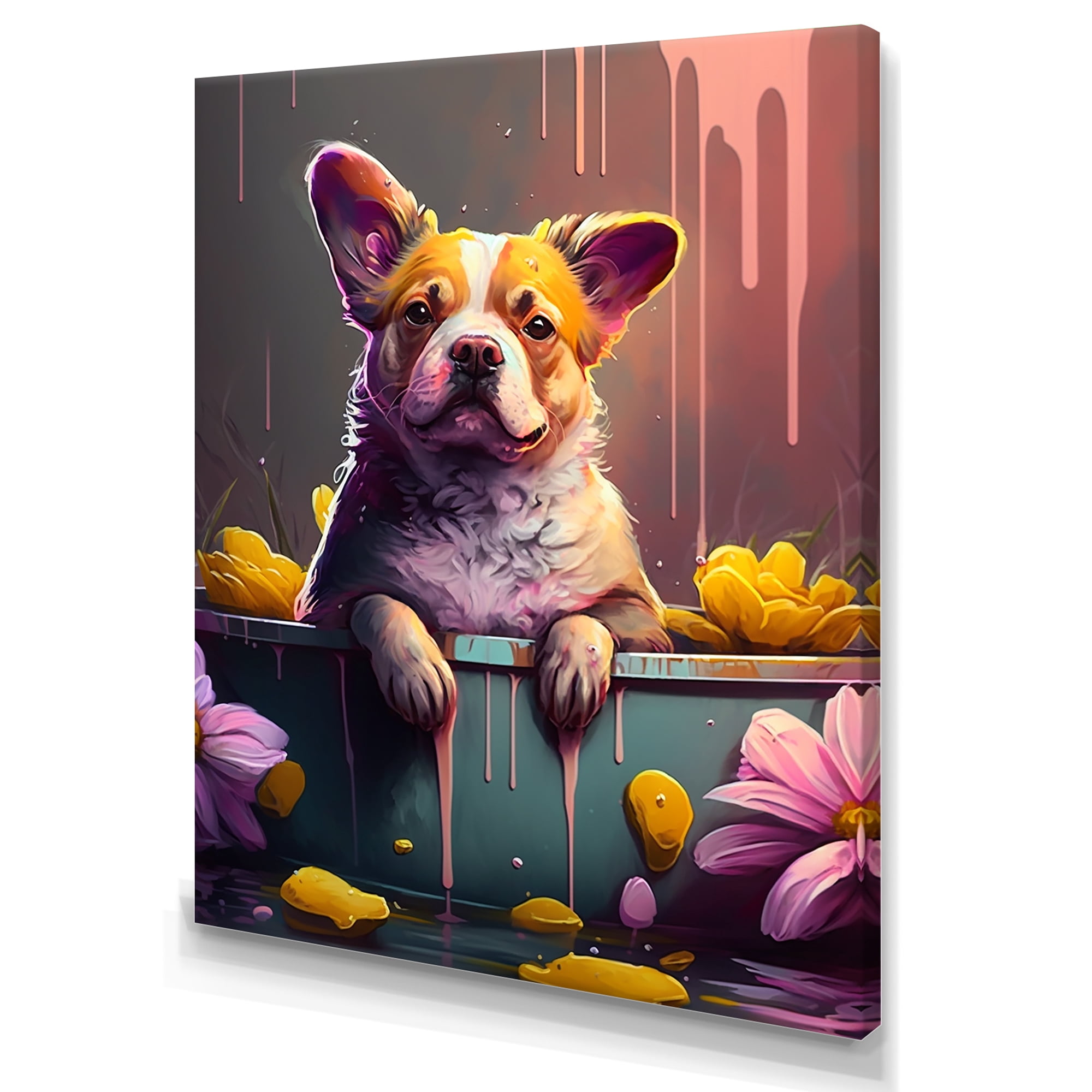 Designart English Bulldog Splashing In The Tub Canvas Wall Art