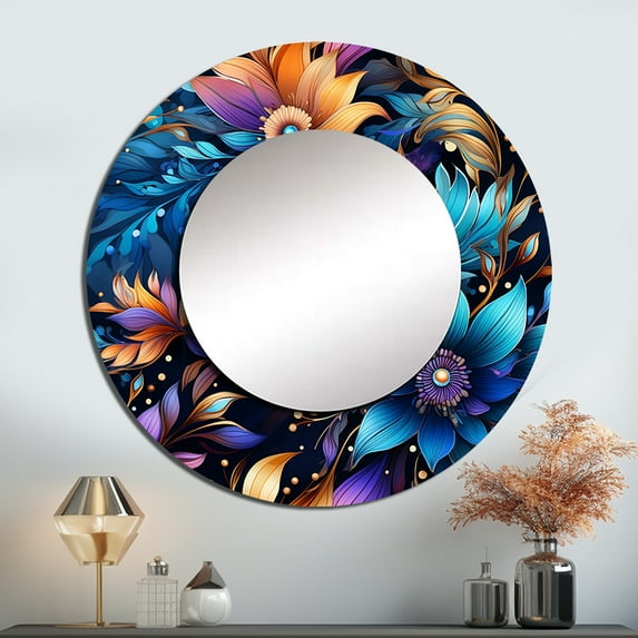 Designart "Enigmatic Boho II" Paisley Rund Mirror For Wall Decor - Large Blue Round Print Mirror - Round Glam Mirror - Wall Mounted Round Large Mirror - 36" x 36"