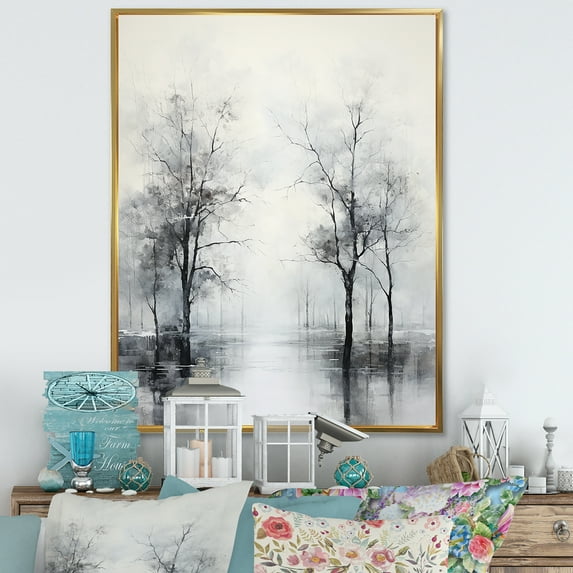 Designart "Enigmatic Forest In Monochrome I" Tree Monochrome Floater Framed Wall Art Living Room