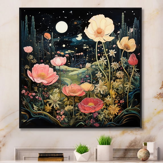 Designart "Enigmatic Pink and Green Garden Flowers I" Abstract Framed Wall Art - Transitional Pink Tachisme Entryway Framed Wall Art