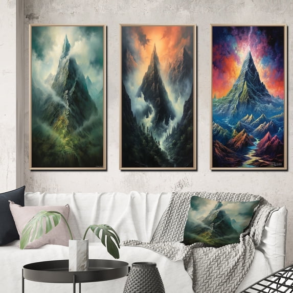 Designart "Enigmatic Splendid Peak Enchanted Reveries II" Meadow Framed Wall Art Set Of 3 - Green Traditional Frame Canvas Set For Living Room Decor