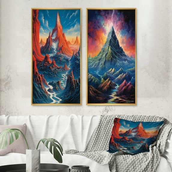Designart "Enigmatic Splendid Peak Enchanted Reveries III" Meadow Framed Wall Art Set Of 2 - Traditional Red Frame Gallery Set For Office Decor