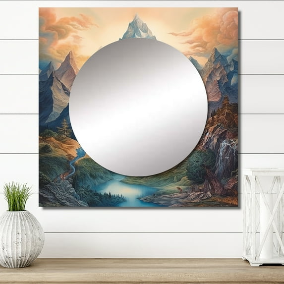 Designart "Enigmatic Splendid Peak Enchanted Reveries" Meadow Blue Large Square Mirror - Square Bedroom Mirror Printed Wall Decor - Traditional Square Printed Wall Mirror Art