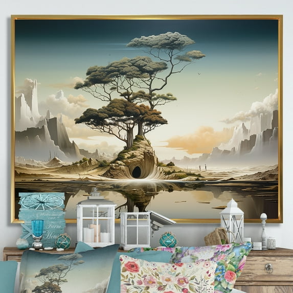 Designart "Enigmatic Surrealism Tree's Domain III" Landscapes Framed Wall Art - Modern White Abstract Landscapes Hallway Framed Wall Art Decor
