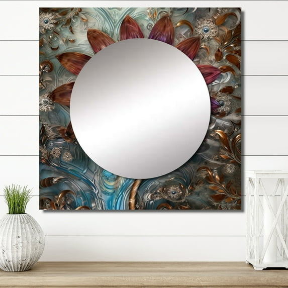 Designart "Enigmatic Vintage Dahlia Bloom On Turquoise" Dahlia Square Mirror Wall Decor Traditional - Large Purple Square Bathroom Mirror - Square Printed Wall Mirror Art