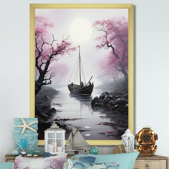 Designart "Enigmatic Voyage of the Pirate Ship II" Coastal Framed Wall Art - Coastal Purple Coastal Boat Hallway Framed Wall Art Decor
