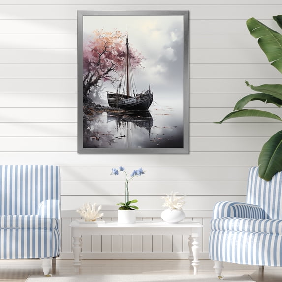 Designart "Enigmatic Voyage of the Pirate Ship III" Coastal Framed Wall Art - Coastal Pink Coastal Boat Living Room Framed Canvas Art