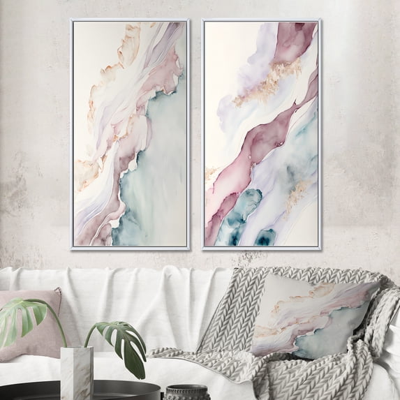 Designart "Enigmatic Waves in Blushing Elevation I" Abstract Liquid Ink Framed Wall Art Set Of 2 - Modern Blue Frame Gallery Set For Office Decor