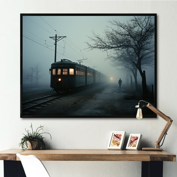 Designart "Enigmatic Winter Train" Train Floater Framed Canvas Wall Art