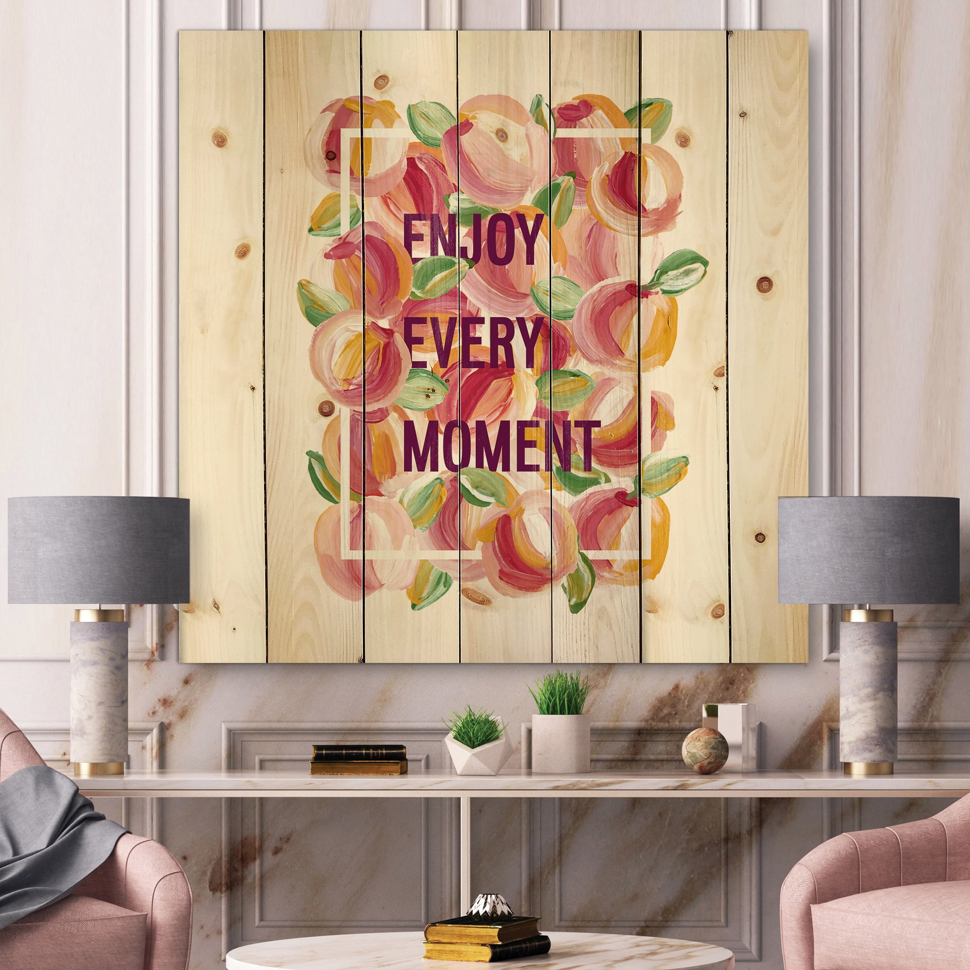 Designart 'Enjoy Every Moment Over Colorful Flowers' Traditional Print on Natural Pine Wood