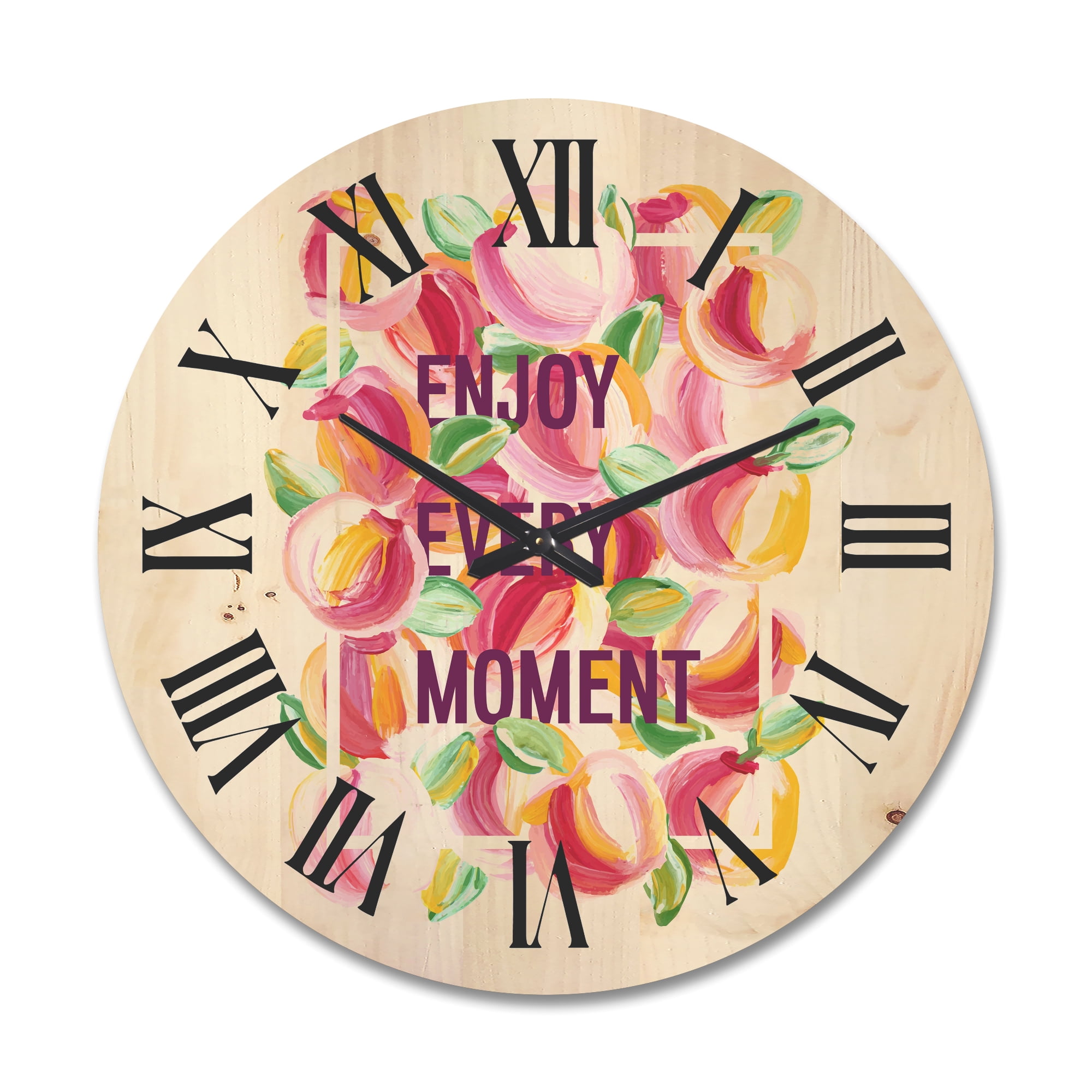 Designart 'Enjoy Every Moment Over Colorful Flowers' Traditional Wood Wall Clock