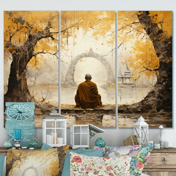 Designart "Enlightened Path Grey and Yellow Buddhism I" Spiritual Metal Wall Art Set