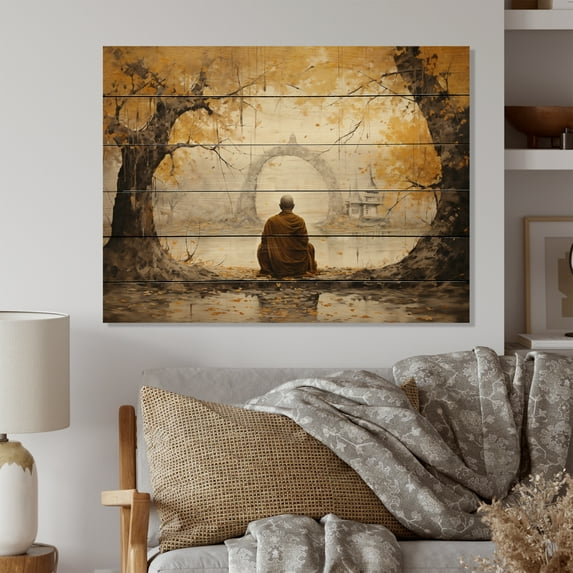 Designart "Enlightened Path Grey and Yellow Buddhism I" Spiritual Print on Natural Pine Wood