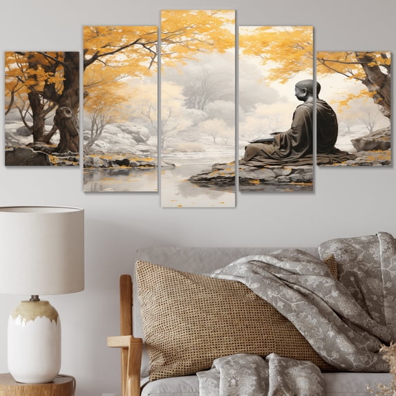 Designart "Enlightened Path Grey and Yellow Buddhism III" Spiritual Metal Art Print Set